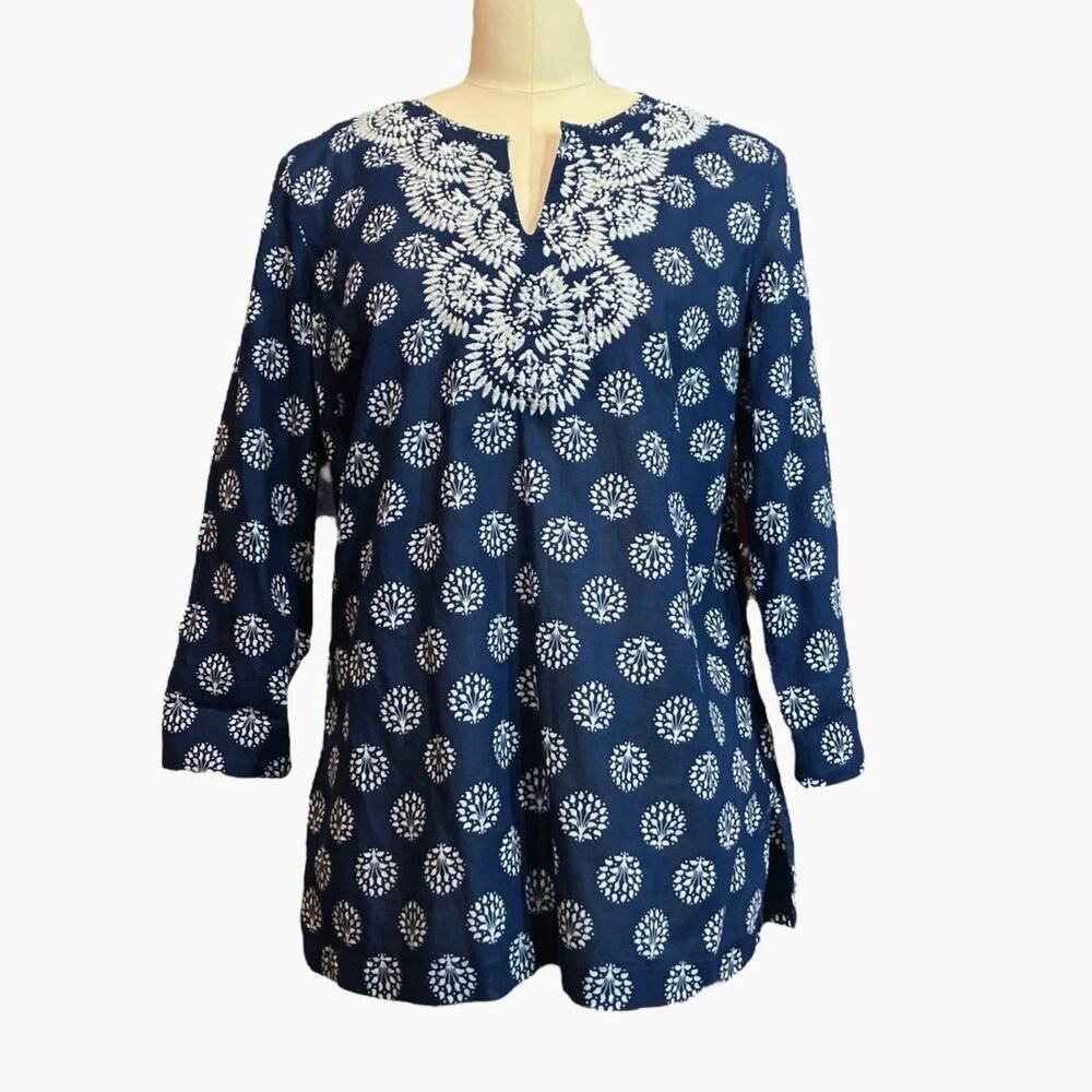 Talbots Women's Navy Embroidered Detail Boho Medallion 3/4 Sleeve Blouse SZ M